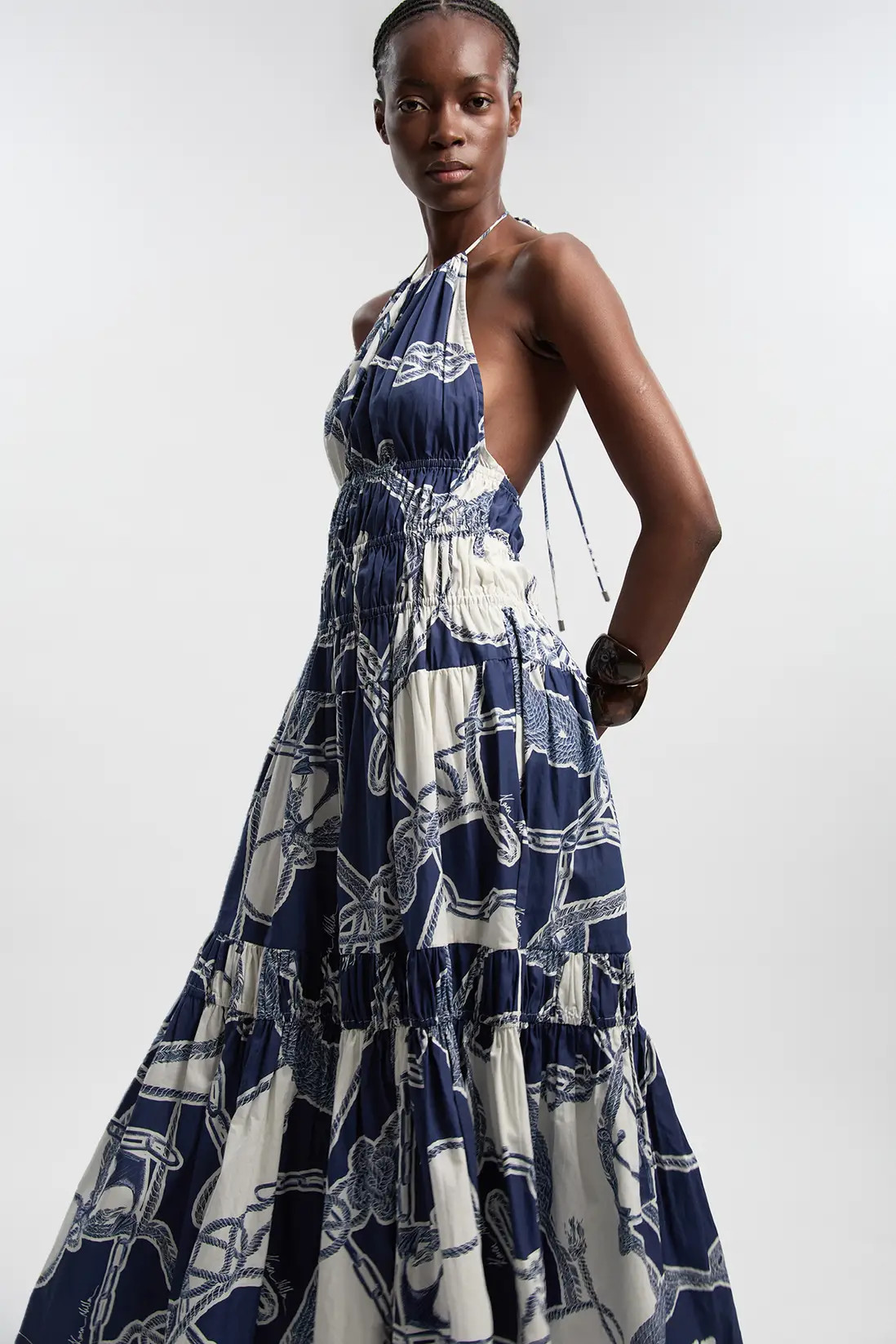 Shirred Cotton Tiered Chain Print Halter Neck Woven Maxi Dress | Karen Millen