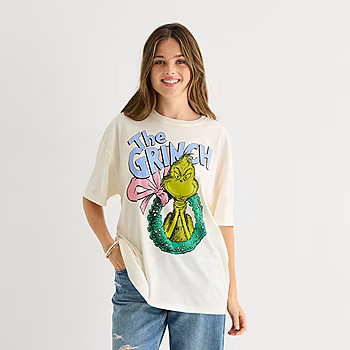 new!Womens Juniors Crew Neck Short Sleeve Oversized Grinch Graphic T-Shirt | JCPenney