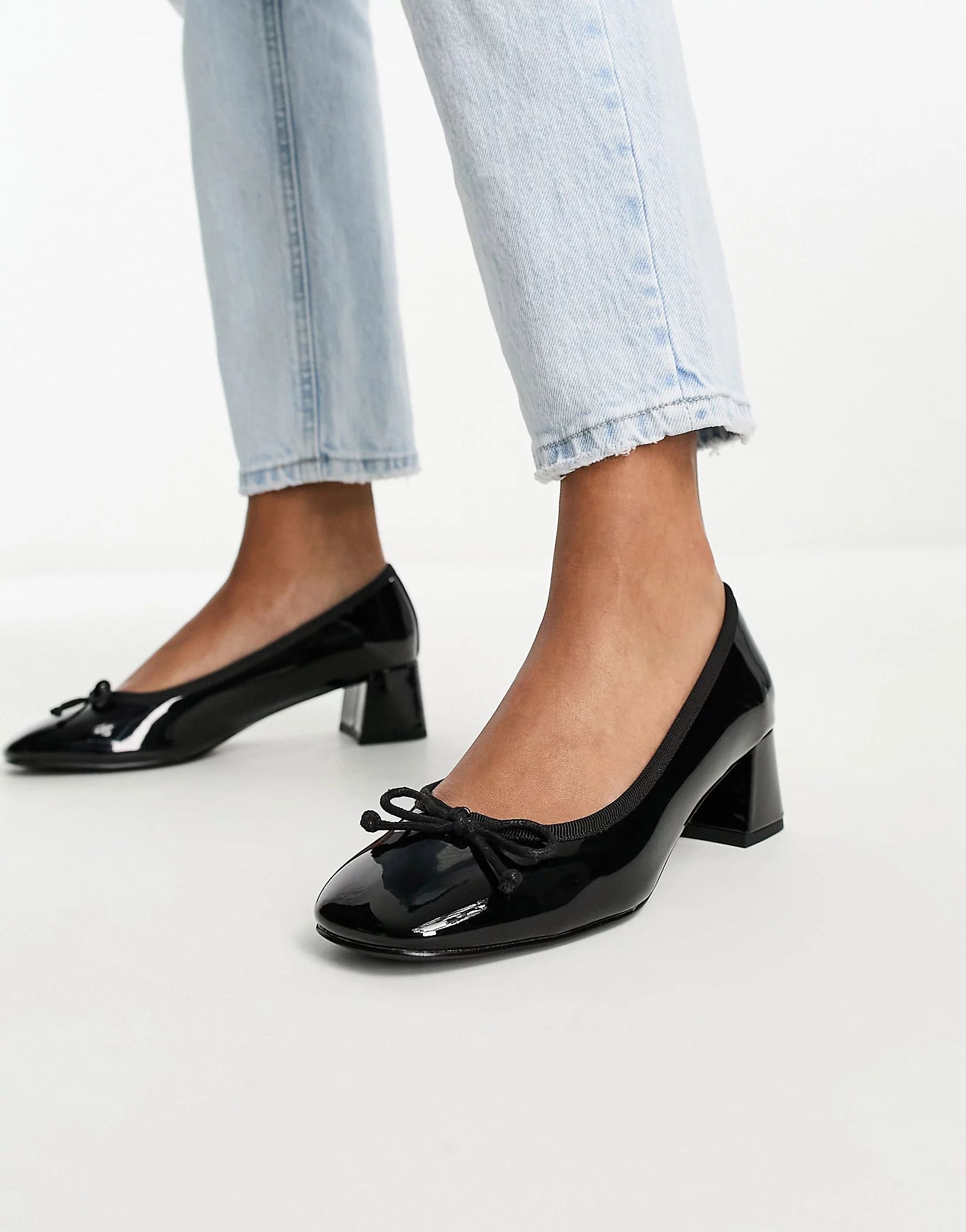 ASOS DESIGN Steffie bow detail mid heeled shoes in black | ASOS (Global)