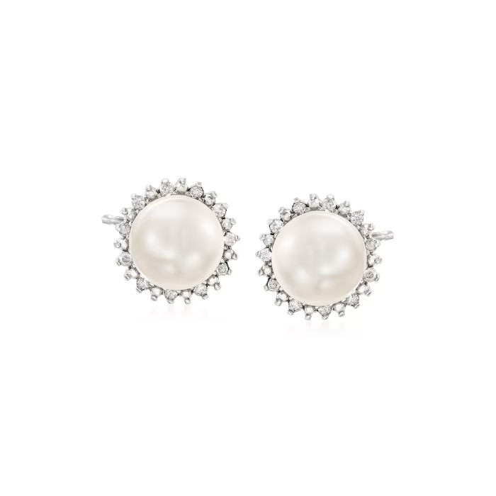 7-7.5mm Cultured Button Pearl and .13 ct. t.w. Diamond Stud Earrings in Sterling Silver | Ross-Simons