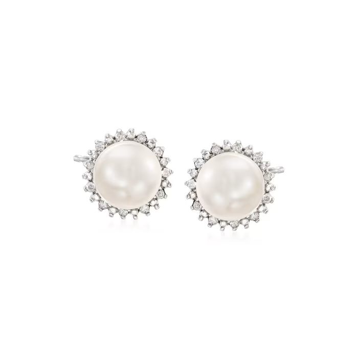 7-7.5mm Cultured Button Pearl and .13 ct. t.w. Diamond Stud Earrings in Sterling Silver | Ross-Simons