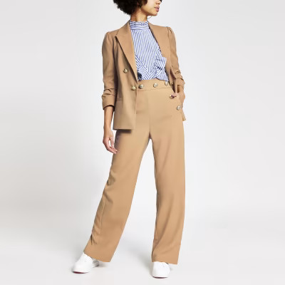 Beige button high waist wide leg trousers | River Island (US)