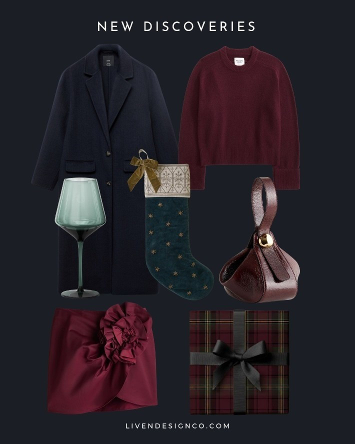 New discoveries. Holiday style. Burgundy sweater. Abercrombie. Mini skirt. Navy wool coat. Mango. Winter coat. Green wine glasses. Target. Tartan wrapping paper. Mini handbag. Madewell. Velvet stocking. Christmas decor. Xmas stocking

#LTKHoliday #LTKSeasonal #LTKGiftGuide