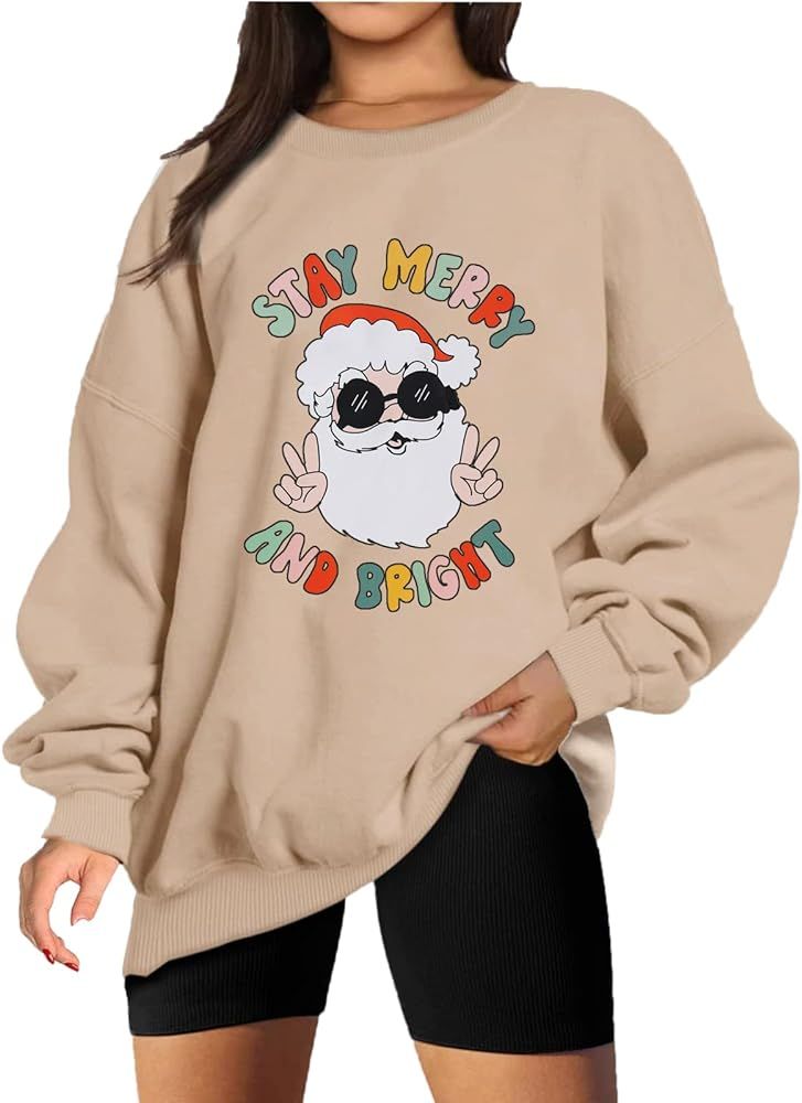 Womens Christmas Sweatshirt Santa Claus Stay Merry And Bright Shirt Long Sleeve Crewneck Vintage San | Amazon (US)