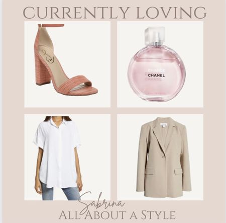 Pieces I’m currently loving. The perfect color summer sandals. Amazingly good smelling perfumes. The perfect oversized blouse. The perfect neutral colored blazer  
#nordstrom #spring #springmusthaves #perfume #womemswear 

#LTKSeasonal #LTKstyletip #LTKGiftGuide