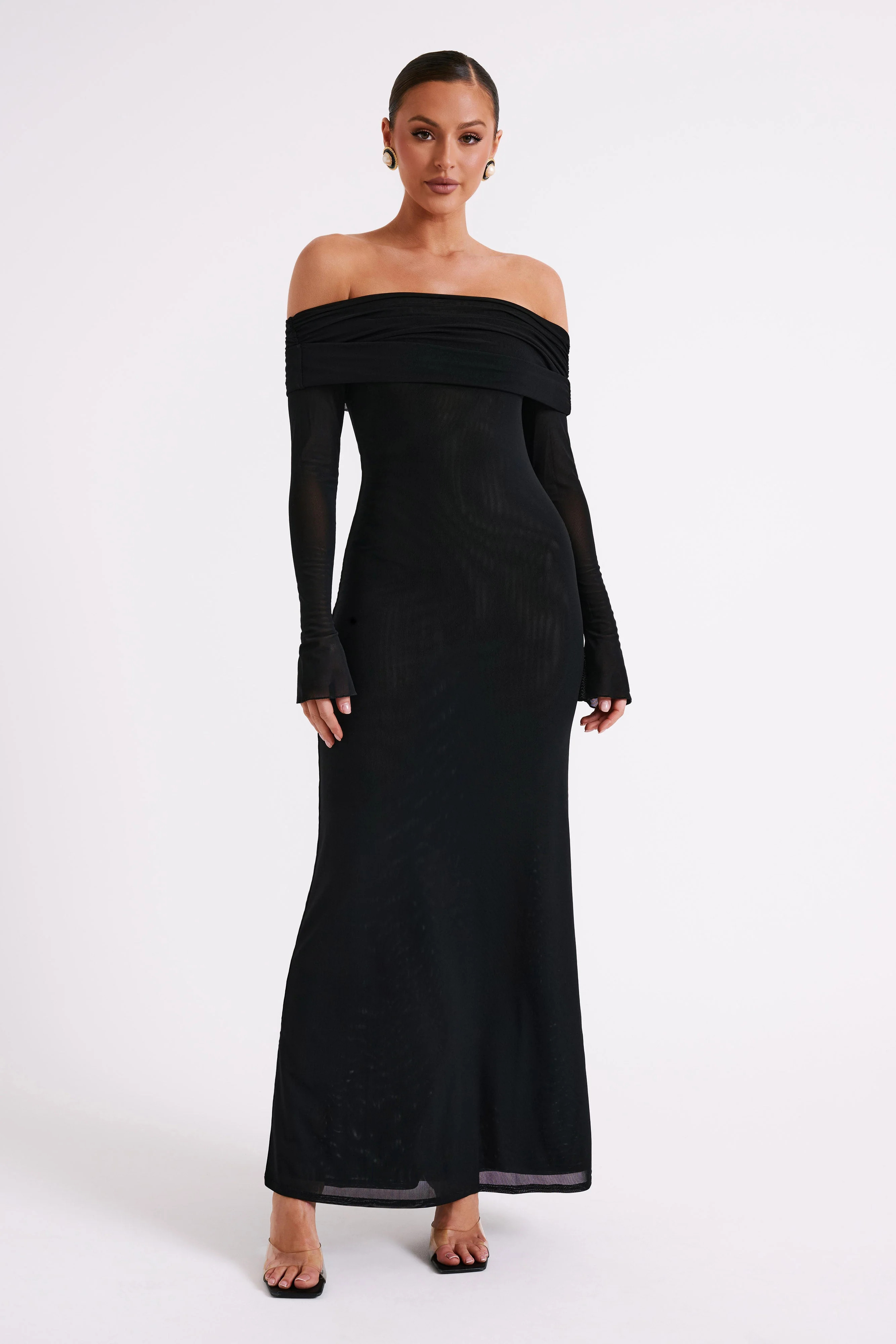 Off Shoulder Mesh Maxi Dress - Black | MESHKI US