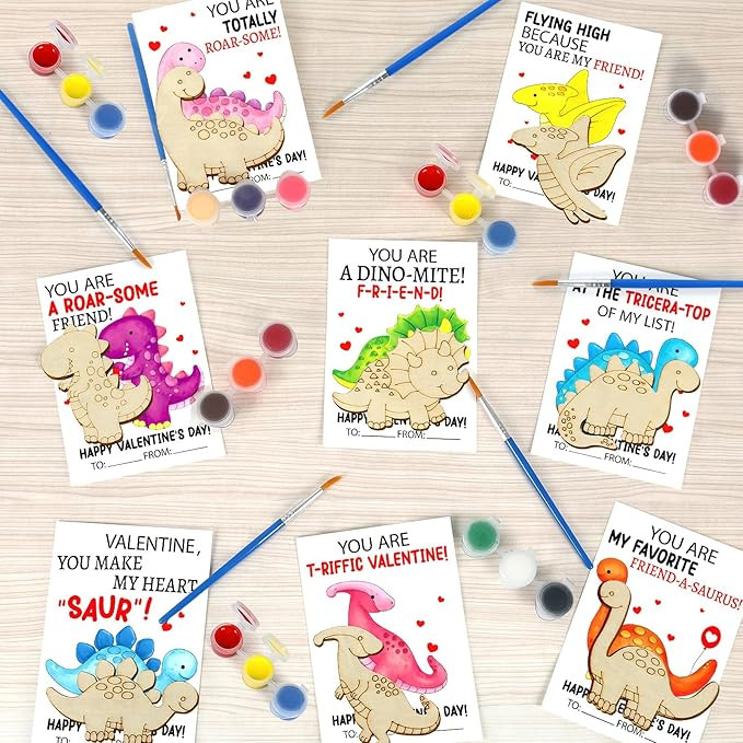 24 Sets Valentine's Day Gifts for Kids Wooden Cards Craft Painting Kits Valentines Day Dinosaur T... | Amazon (US)