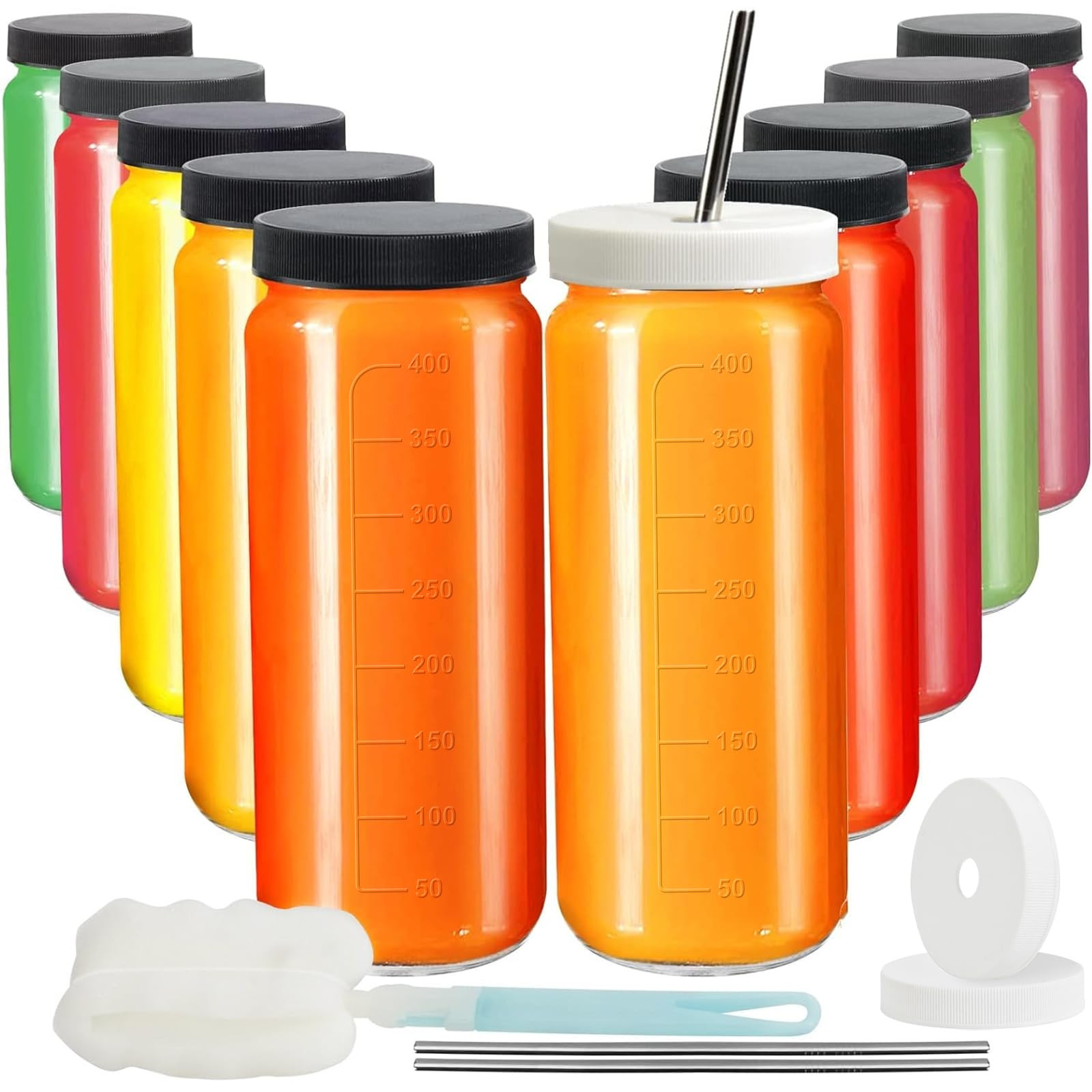 Ruckae 16oz 10 Pack Juice Bottles, Glass Bottles with Lids, Smoothie Cup Lids and Straws, Water B... | Amazon (US)