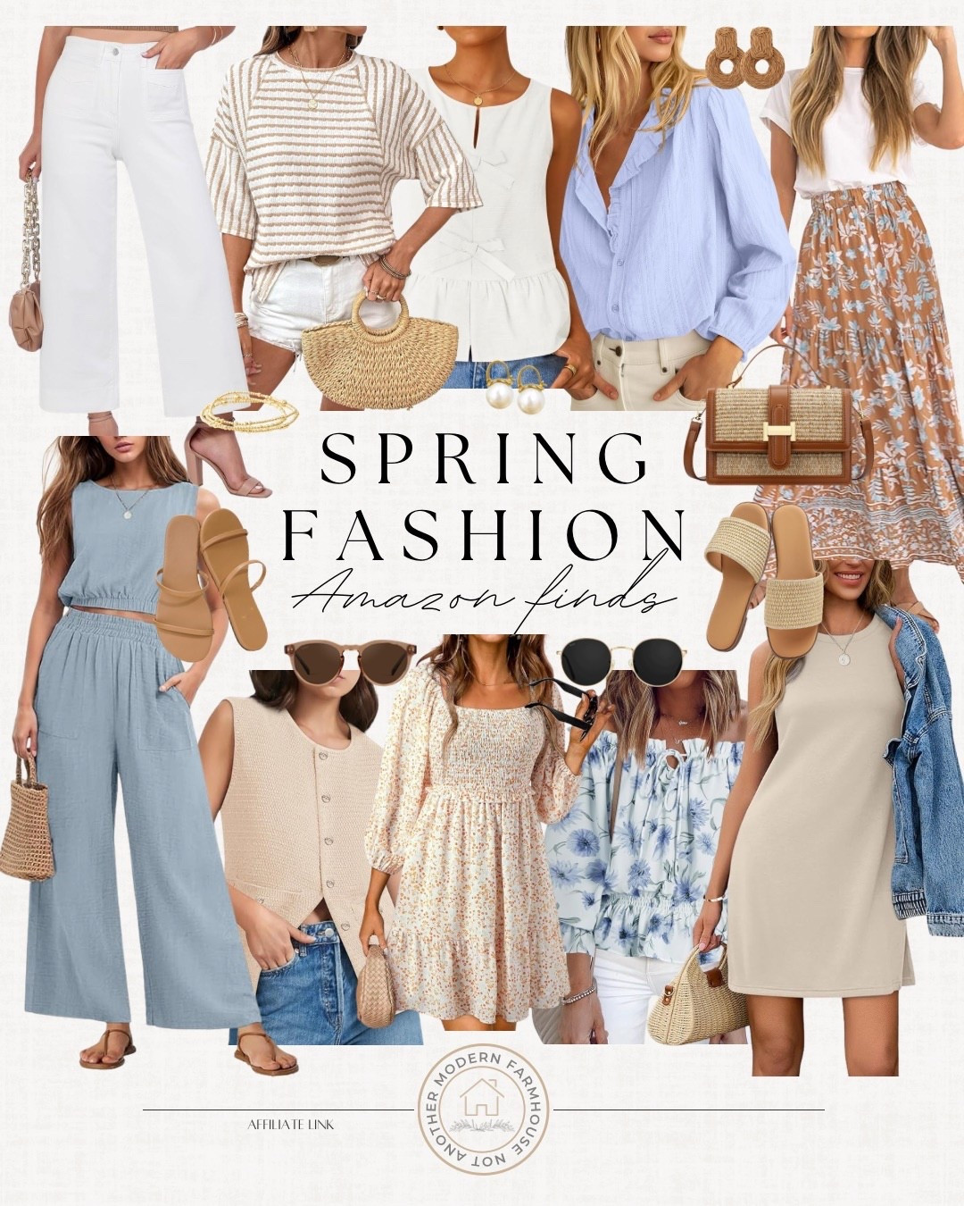 Easy Amazon spring fashion finds for effortless neutral outfits and warm-weather style. ☀️👜

Amazon spring outfits, womens clothing, casual warm weather style, linen pants, striped knit top, sleeveless blouse, blue button down shirt, floral midi skirt, smocked dress, knit vest outfit, wide leg jumpsuit, beige shift dress, straw handbag, woven earrings, pearl jewelry, slide sandals, strappy heels, oversized sunglasses, vacation wardrobe, everyday chic looks. 

 #LTKootd #LTKSeasonal