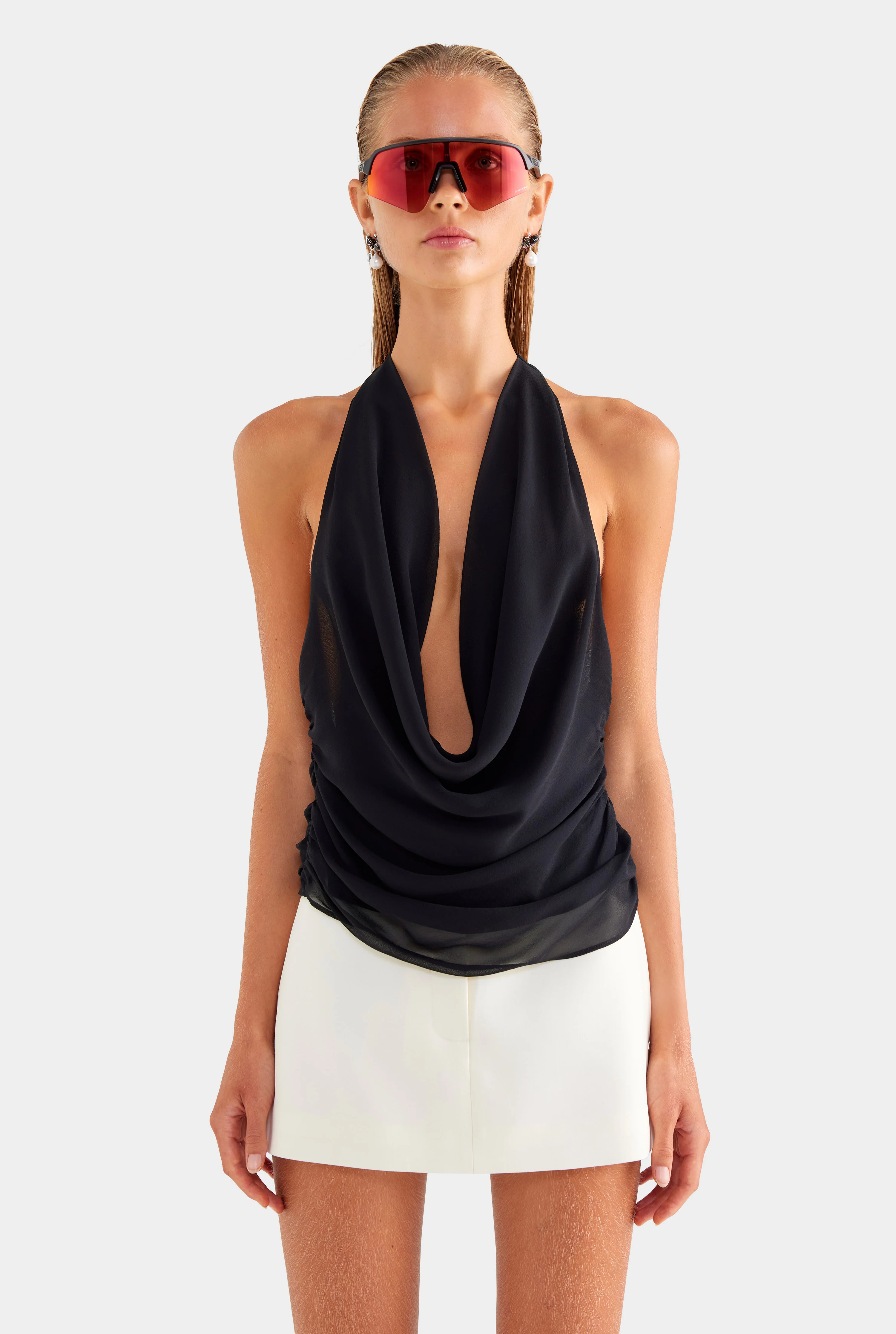 Womens Deep Cowl Sheer Silk Halter in Black | Venroy | Venroy AU