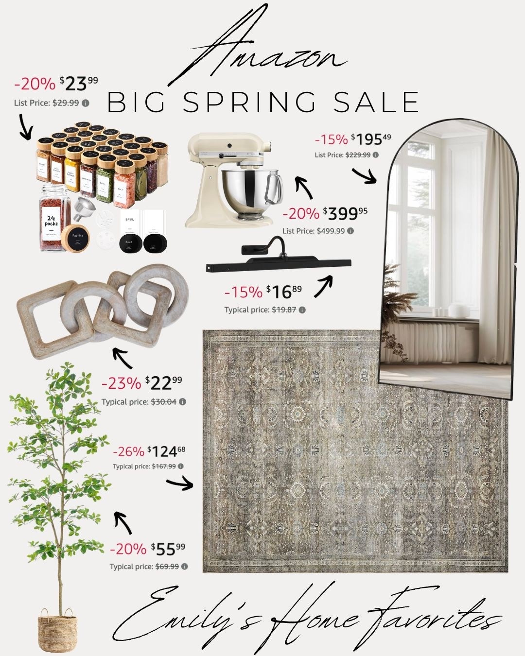 I’m partnering with @amazon to bring you my curated home favorites from Amazon’s Big Spring Sale 🤍 #ad #founditonamazon

These are some of my go-to pieces that instantly elevate a space—neutral vintage-inspired rugs, oversized mirrors, warm wood decor, realistic faux greenery, and functional kitchen essentials that are as beautiful as they are practical.

I always look for pieces that feel timeless, layered, and high-end without the designer price tag, and these finds do exactly that. From styling your coffee table to refreshing your kitchen and adding warmth with textures and tones, these are staples I use throughout my own home.

If you’ve been wanting to update your space for spring, now is the time to grab these while they’re on sale ✨

#LTKHome #LTKSeasonal #LTKSaleAlert