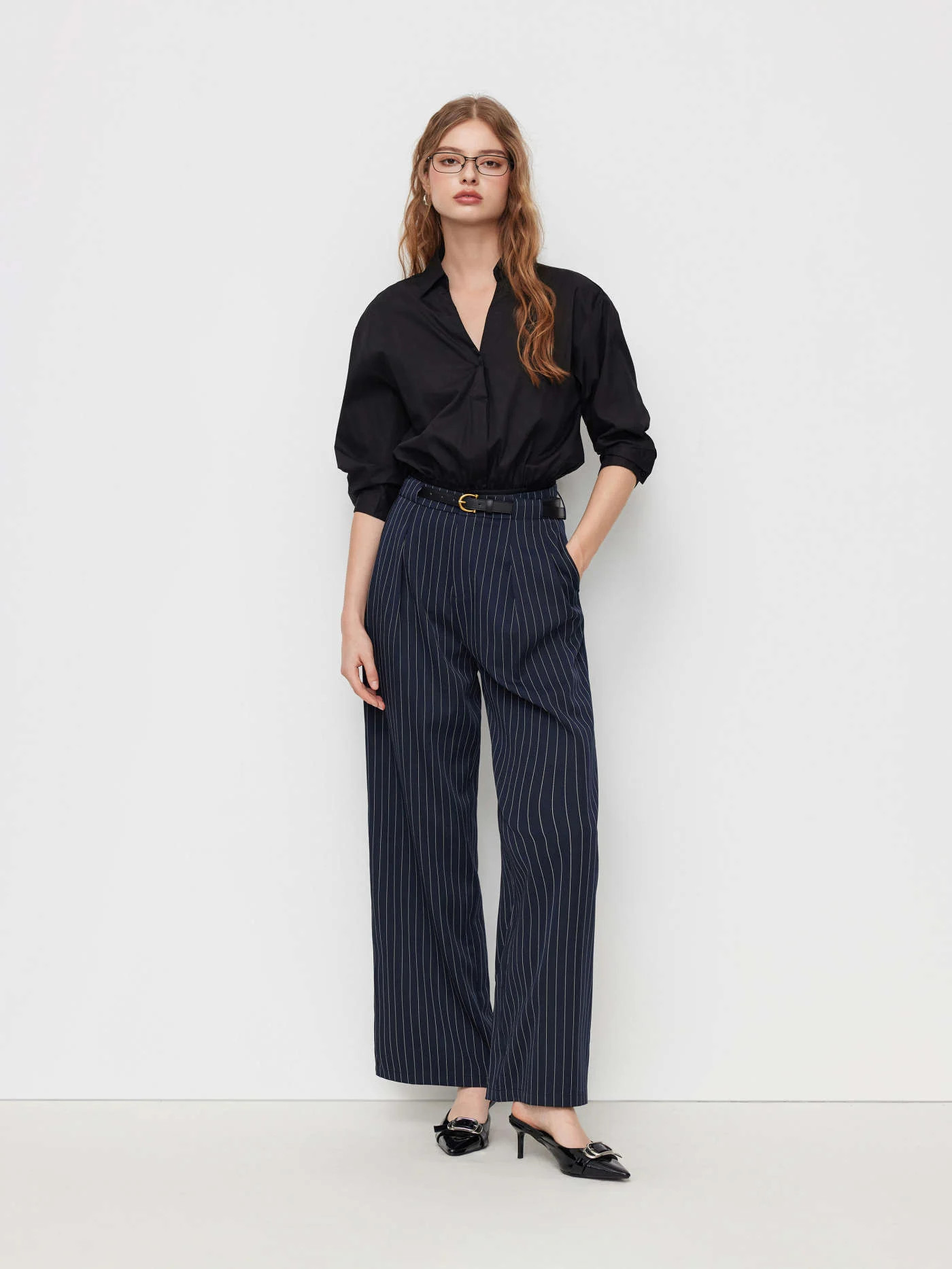Woven Mid Rise Striped Pleated Straight Leg Trousers With Belt For Work | Cider