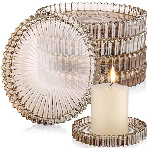 Honeydak Amber Glass Pillar Candle Holder Plates 4'' Round Glass Candle Tray Round Coasters for Table Centerpiece Wedding Party Home Bridal Shower Thanksgiving Christmas Decor(6 Pcs) | Amazon (US)