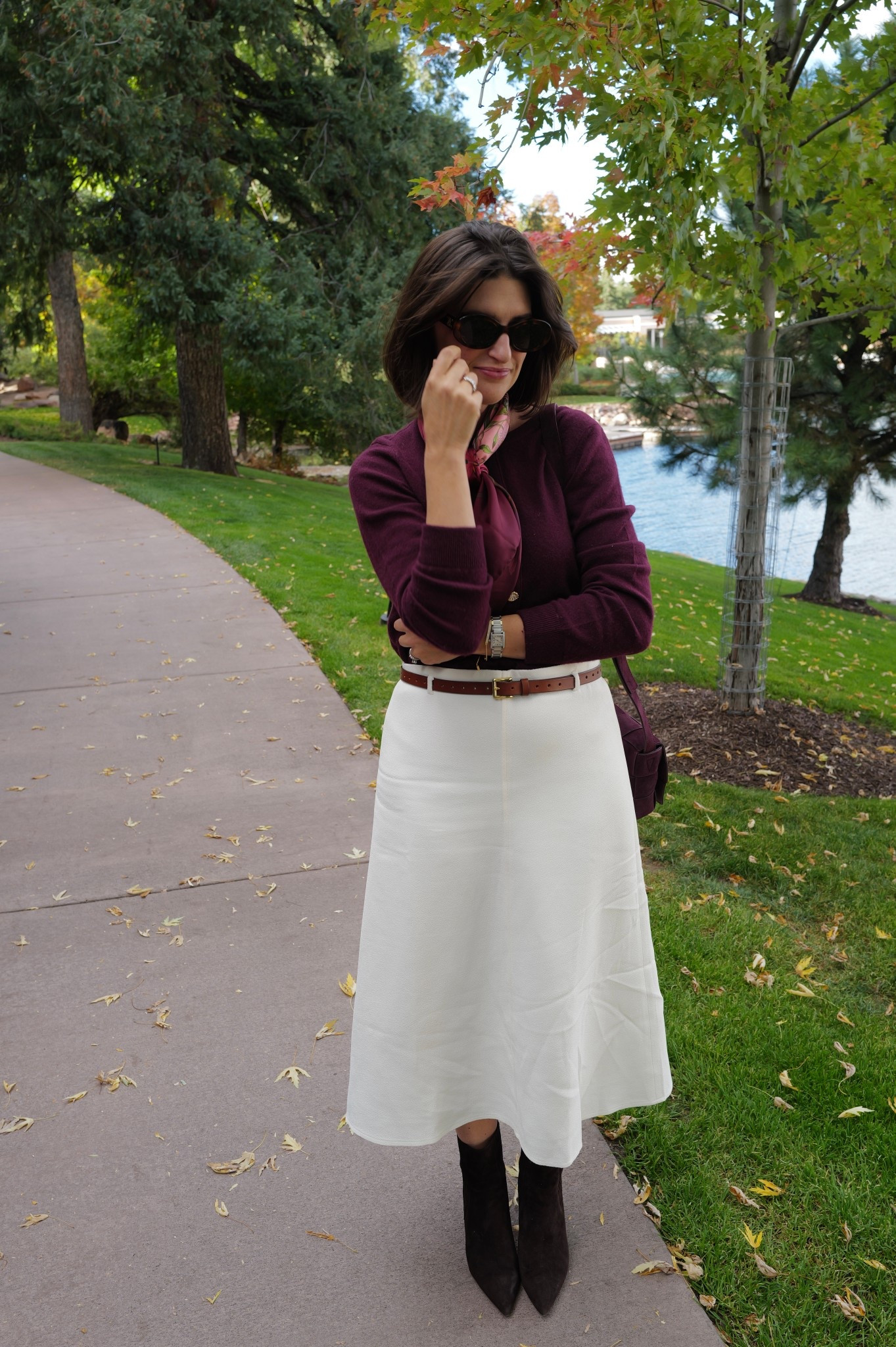 This boucle skirt has been in regular rotation this fall. I love that you can elevate it with a thin belt. Paired with a cashmere cardi, Gucci scarf, Celine sunnies and Veronica beard booties.  