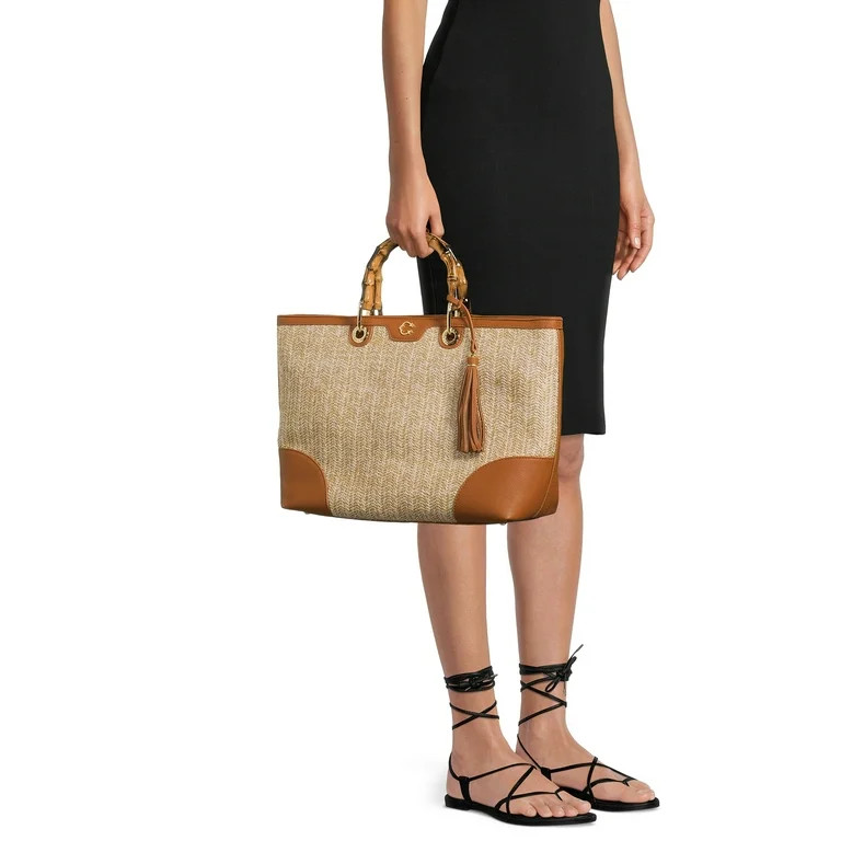 C. Wonder Women’s Adult Juno Faux Straw Tote Bag with Bamboo-Look Handles Cognac - Walmart.com | Walmart (US)