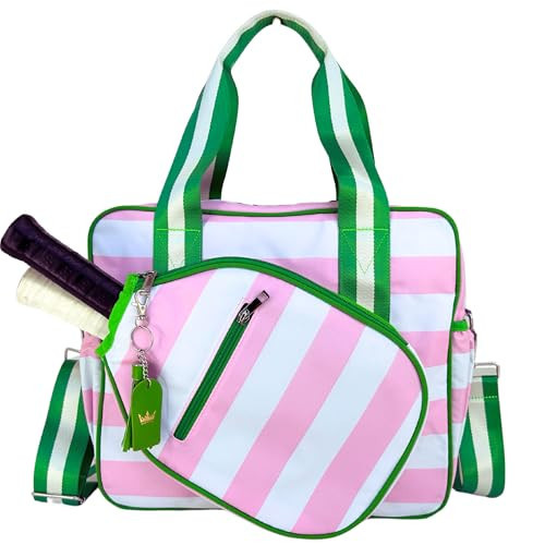 Queen of the Court - Prepster Pink Pickleball Bag - Women's Pickleball Bag - The Epitome of Style, Functionality, and Durability (Pink Stripe) | Amazon (US)