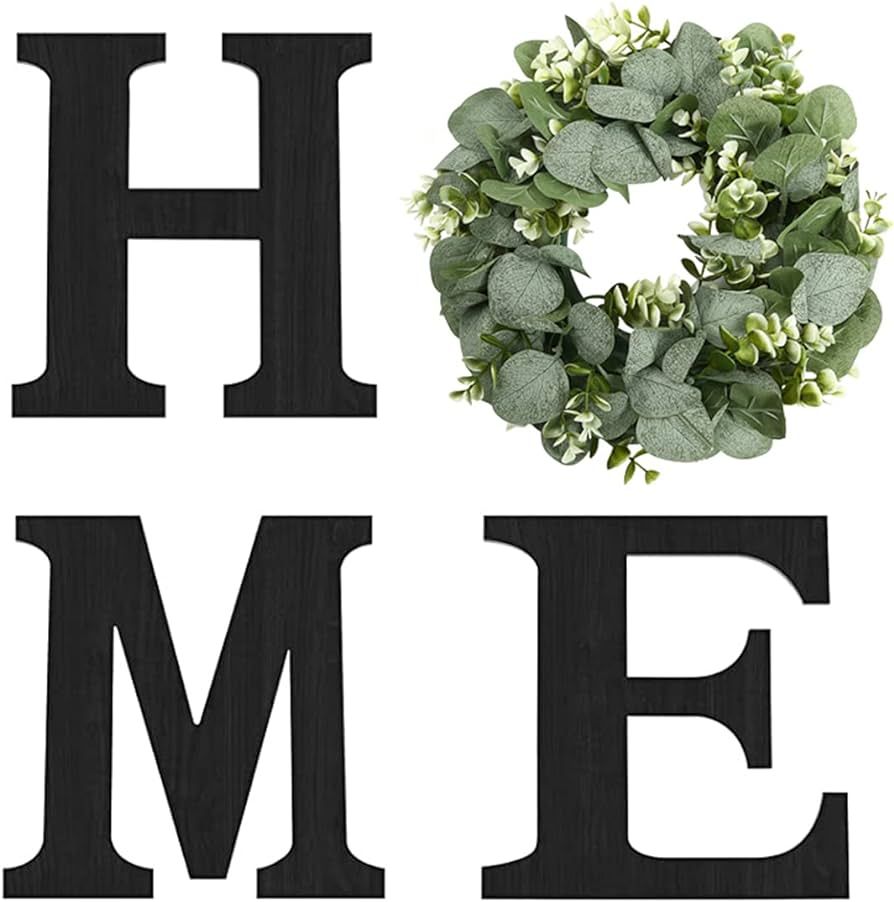 Wood Home Sign with Artificial Eucalyptus Wreath for O, Hanging Farmhouse Wall House Decor Wood H... | Amazon (US)