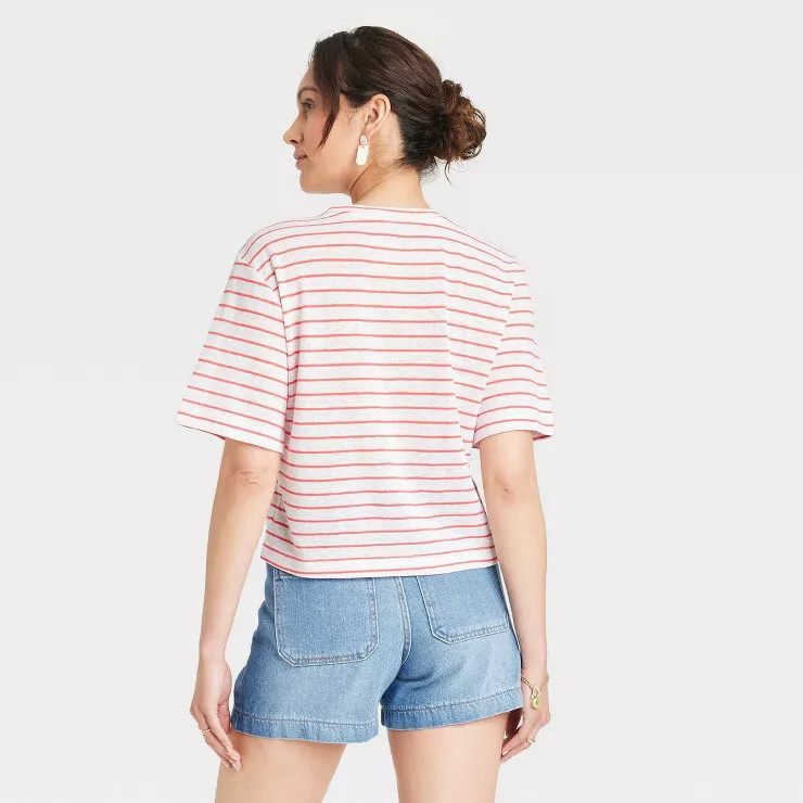 Women's Linen Boxy Short Sleeve T-Shirt - Universal Thread™ White Striped | Target