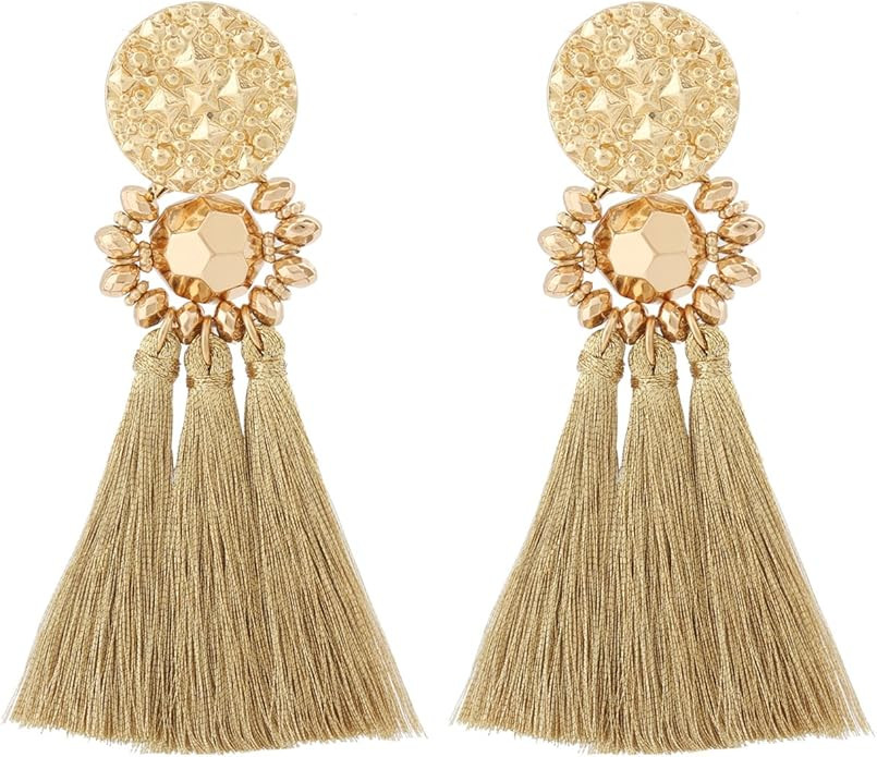 boderier Bohemian Statement Thread Tassel Chandelier Drop Dangle Earrings with Cassandra Button S... | Amazon (US)