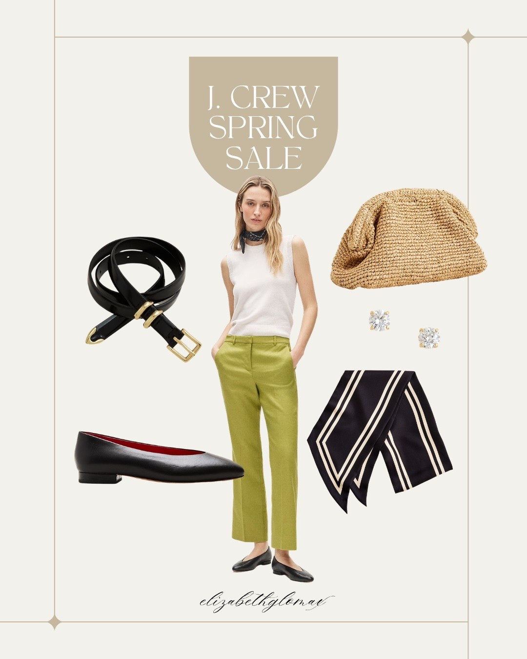 
A little Parisian, a little polished. The green Kaya pant with black ballet flats, striped bandana, and rattan textures is an elevated everyday look you can wear on repeat. 

Everything here is included in the @jcrew  Spring Fling sale.

#LTKSeasonal #LTKSaleAlert