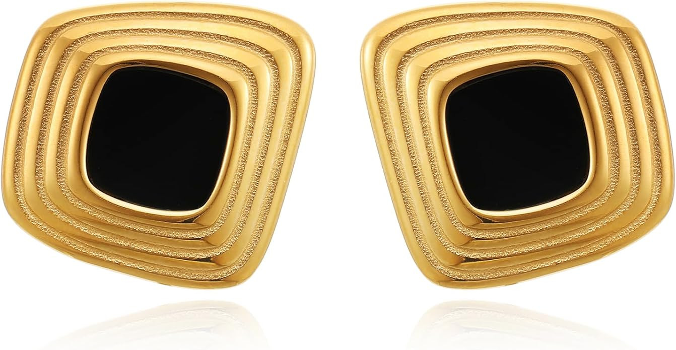 RAUCHBE Big Chunky Gold Earrings for Women Vintage Black Oval Earring Onyx Statement Earrings Tre... | Amazon (US)