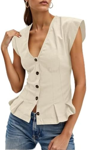 Cicy Bell Womens Deep V Neck Vest Tops Cap Sleeve Cropped Ruffle Shirts Button Up Cotton Fitted B... | Amazon (US)