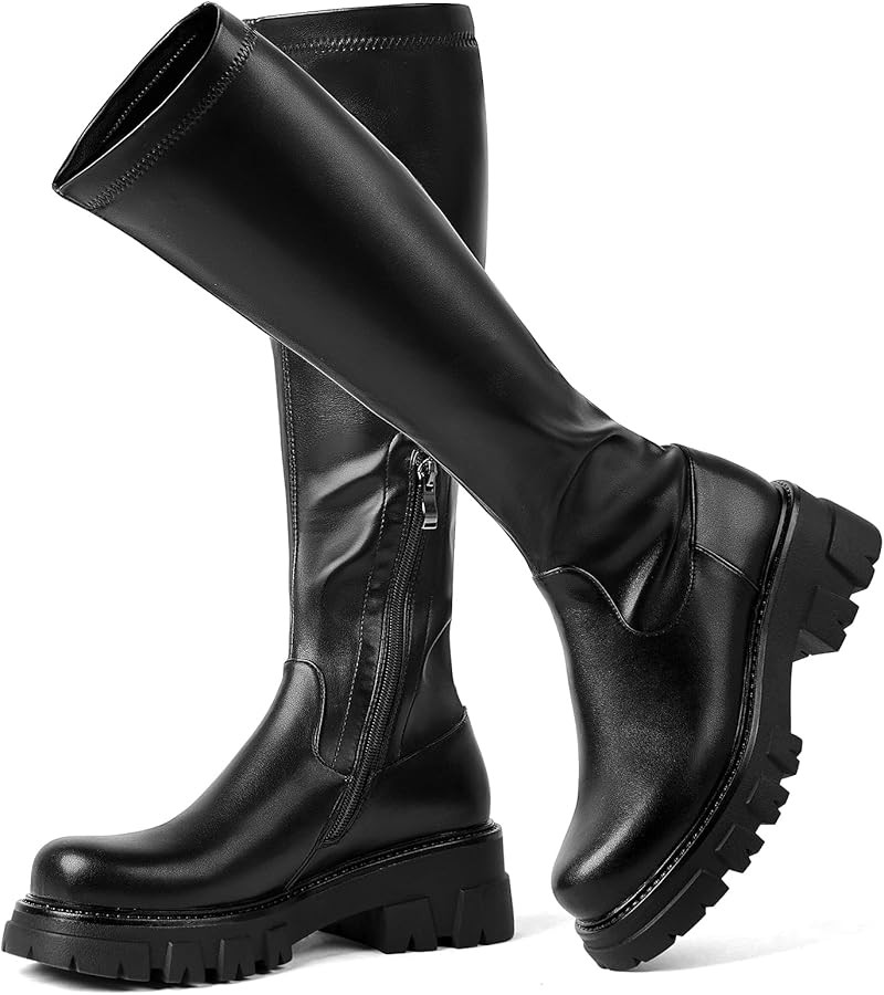 CouieCuies Women's Knee High Boots Black Tall Boot Lug Sole Shoes Stretch Below the Knee Comforta... | Amazon (US)