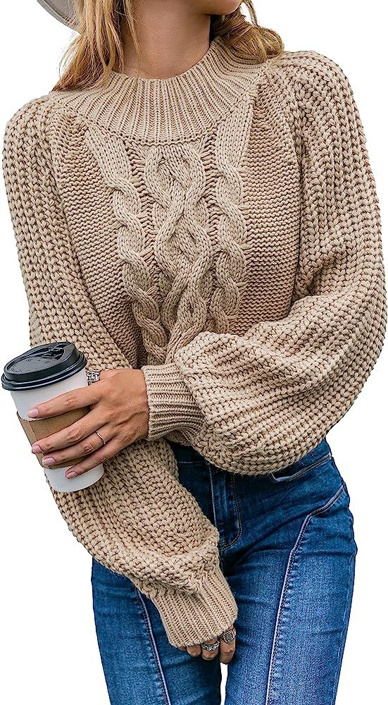 BerryGo Chunky Cable Knit Sweaters Cropped Lantern Sleeve Oversized Loose Mock Neck Pullover Sweater | Amazon (US)