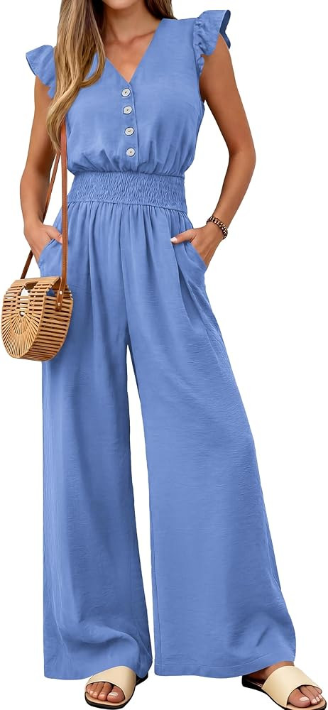 dowerme Women's Jumpsuits Dressy Casual 2026 Summer Ruffle Cap Sleeve V Neck Button Smocked Rompe... | Amazon (US)