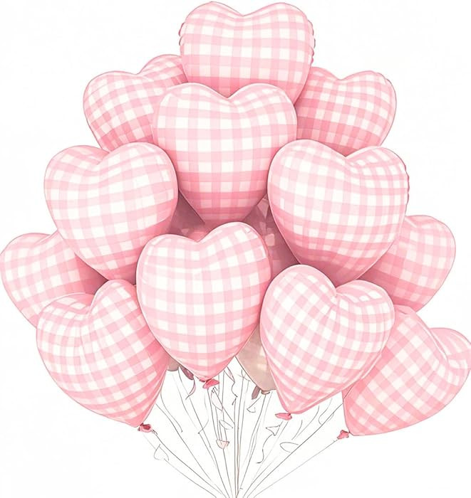 10 Pcs Pink Checked Heart Balloons, 18 Inch Baby Pink And White Plaid Heart Shaped Balloon For Ro... | Amazon (US)