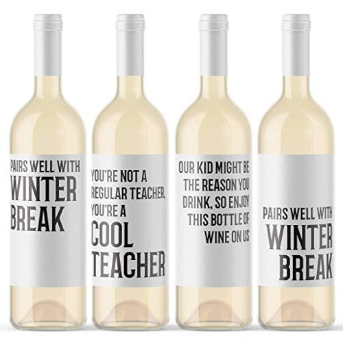 Christmas Break Holiday Wine Labels - 4 Teacher Inspired Bottle Decals for Winter - Custom Xmas Glas | Amazon (US)