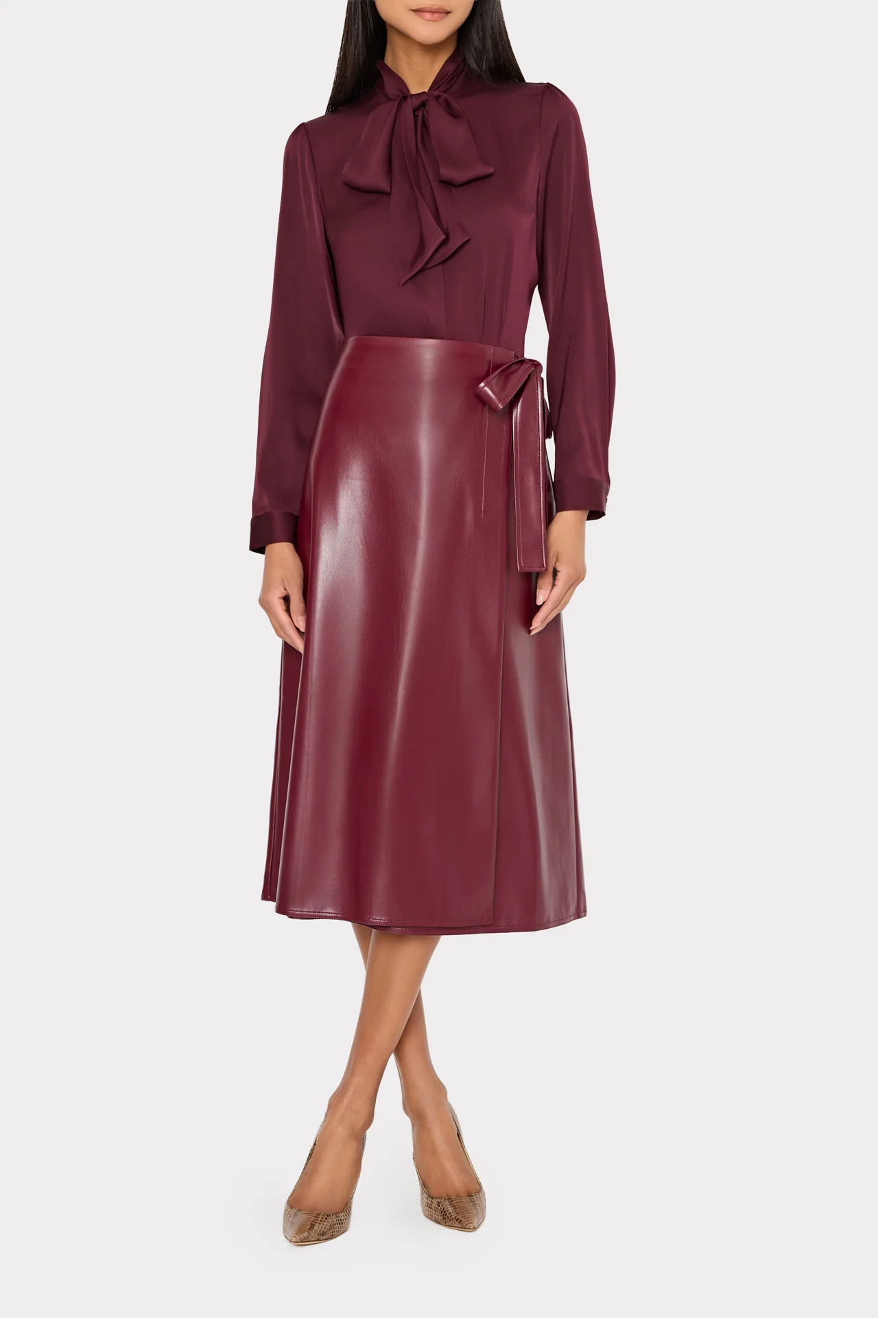 Vegan Leather Bow Midi Skirt | MILLY