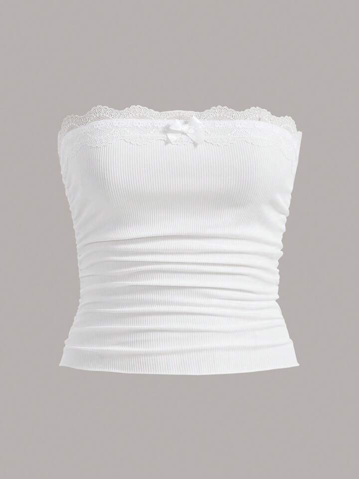 SHEIN Qutie Contrast Lace Trim Ruched Side Bow Front Tube Top | SHEIN