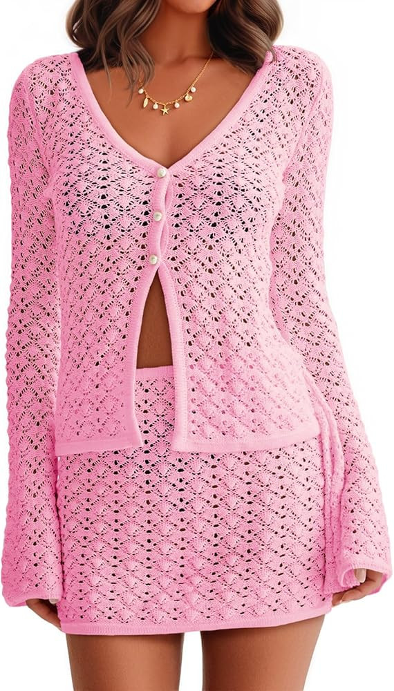 Fisoew Womens Crochet 2 Piece Cover Up V Neck Bell Sleeve Button Cardigan Sheer Mesh Beach Mini S... | Amazon (US)