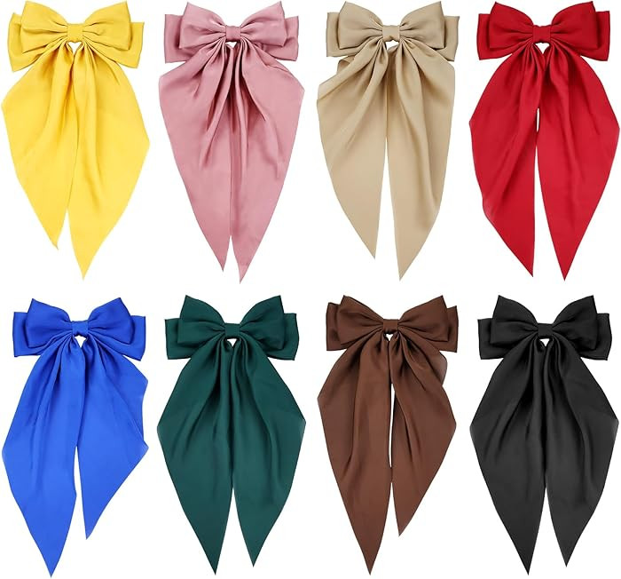 Cinaci 8 Pieces Silky Satin Big Hair Bows for Women Girls Teens, Fancy Long Tail Bow Hair Clips F... | Amazon (US)