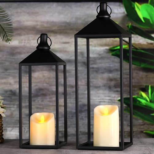 MATAHUM Modern Farmhouse Lanterns Decorative Indoor & Outdoor, 17" 13" Set of 2 Black Vintage Lantern with Flameless Candles, Metal Rustic Lantern Decor for Room, Porch, Mantle, Patio, Home Decor | Amazon (US)