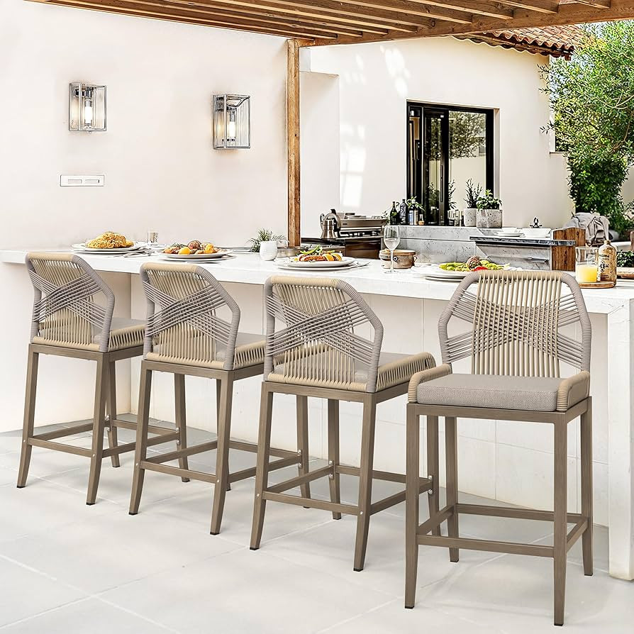 Outdoor Bar Stools, Rattan Outdoor Counter Height Bar Stools Set of 4, 26.5" H Woven Rope Patio B... | Amazon (US)