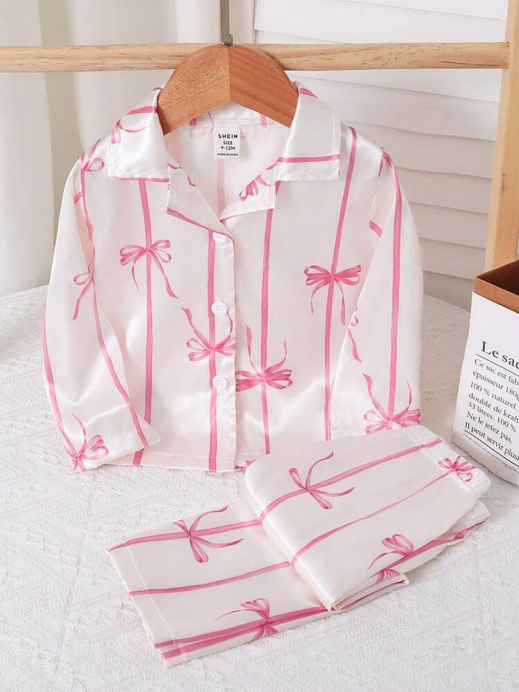 SHEIN 2pcs Baby Girl Casual Bow Ribbon Print Long Sleeve Top And Pants Homewear Set | SHEIN