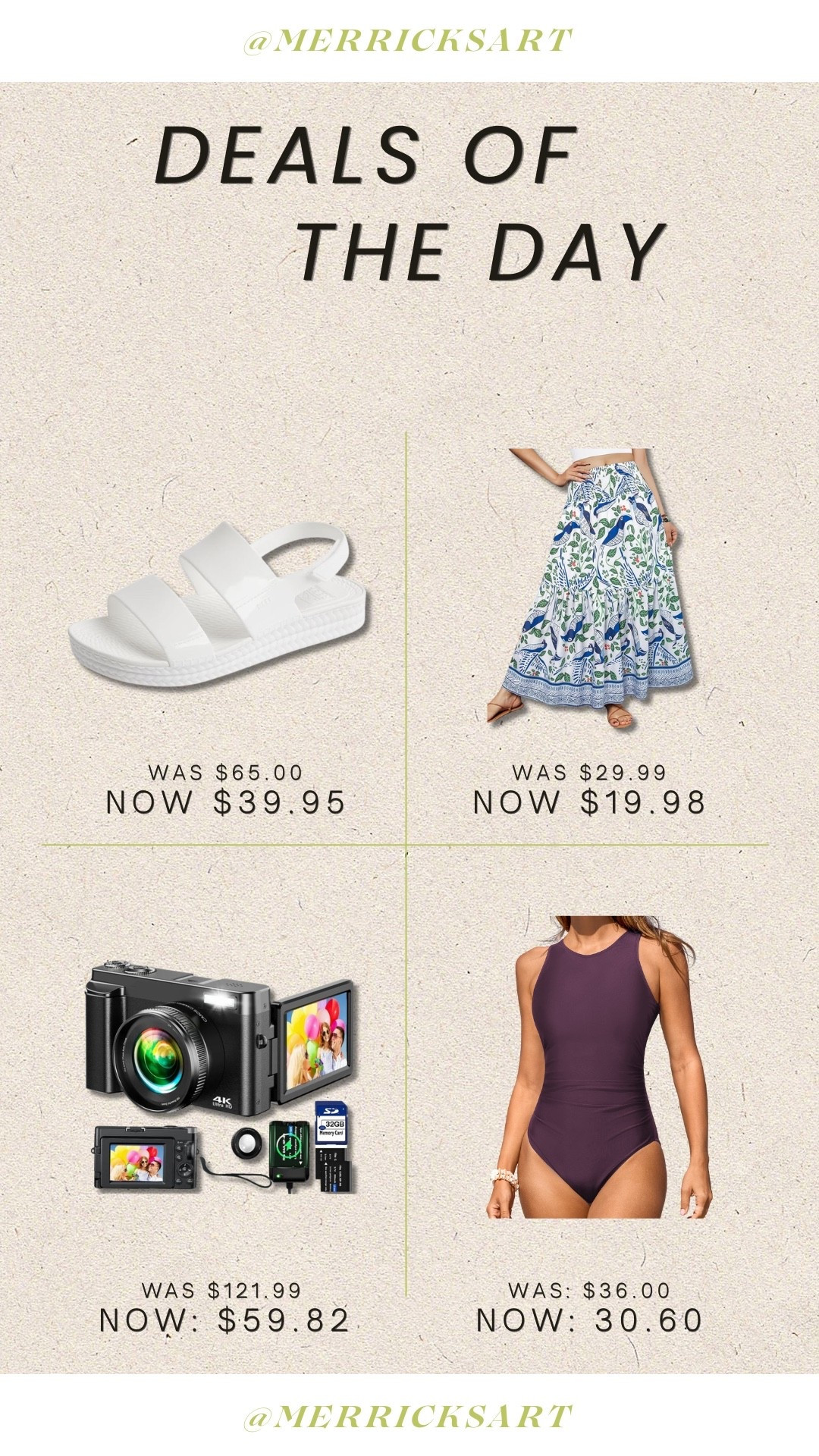 Daily deals! A great waterpark sandal, a darling skirt for summer, a great point and shoot camera for your kids for travel, and one of my favorite swimsuits