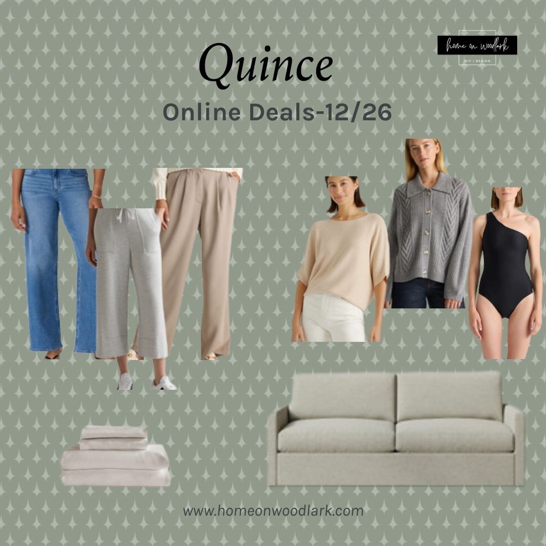 Quince is running some AMAZING deals on December 26.  Check out my favorite finds.  

Sofa.  Bamboo sheet set.  Bella wide leg jeans.  Pleated khakis.  Black one piece swimsuit.  Cashmere sweater.  Jersey pants.  Cardigan sweater.  

#LTKSaleAlert #LTKHoliday #LTKOver40