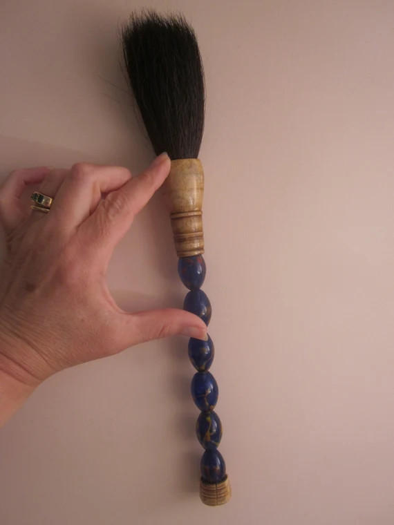 Chinese Calligraphy Brush with Blue Glass Beads and Hand-Carved Bone Handle Ends and Natural Hair Br | Etsy (US)