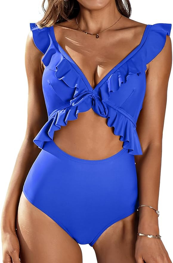 SOCIALA Womens Ruffle Cut Out One Piece Swimsuits Strappy Monokinis Swimwear Bathing Suits | Amazon (US)