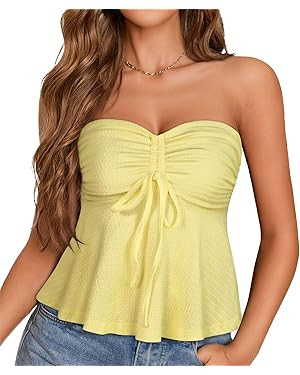 Tube Tops for Women Strapless Tie Front Ruched Tops Peplum Flared Hem Casual Bandeau Top | Amazon (US)