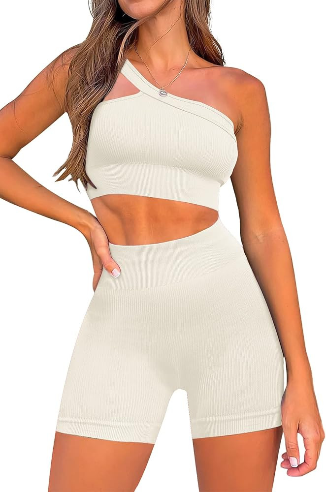 Qwzo Womens 2 Piece Workout Outfits Ribbed One Shoulder High Waist Shorts Seamless Sports Bra Gym... | Amazon (US)