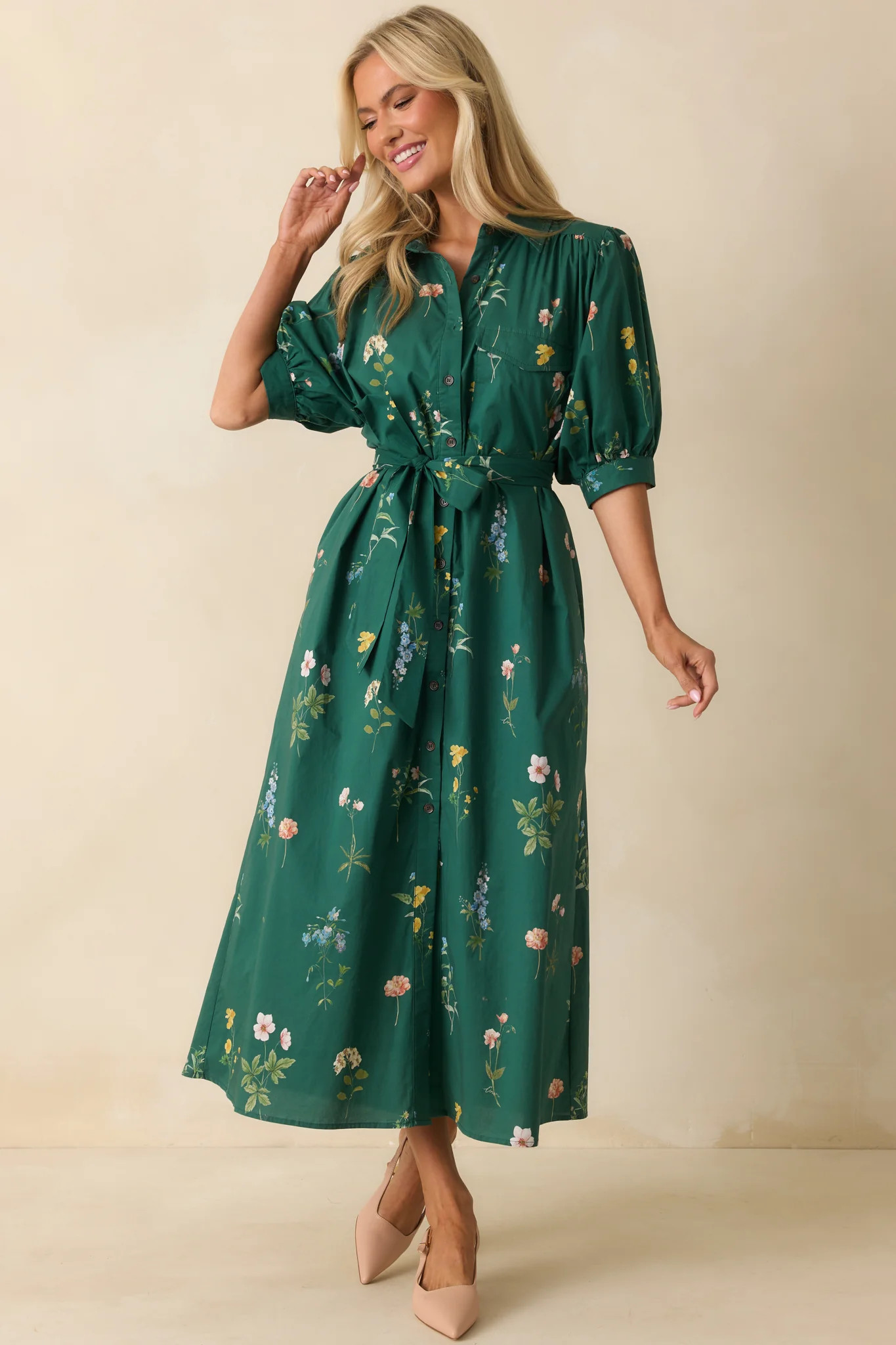 A Better Idea Forest Green Multi Floral Print Cotton Maxi Dress | Red Dress