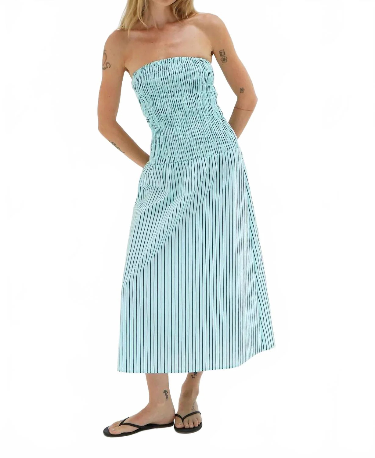 Kapaia Strapless Dress In Teal Navy Stripe | Shop Simon