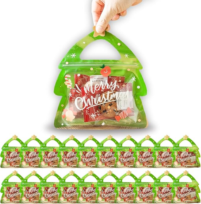 AOKELEON 20 Pcs Christmas Tree Treat Bags with Handle, Resealable & Stand-up Bottom for Holiday P... | Amazon (US)