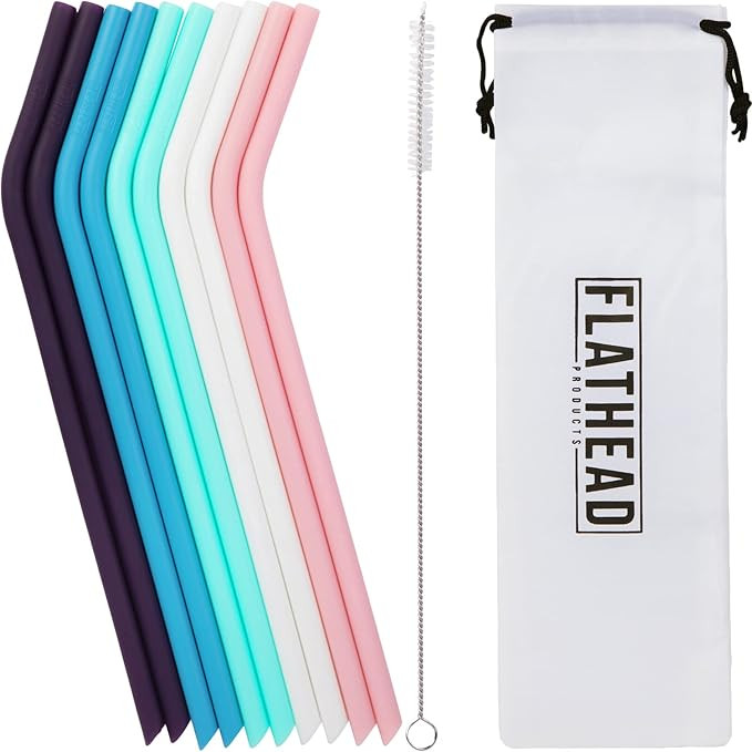 Flathead Reusable Silicone Drinking Straws with Travel Case Cleaning Brush - Extra long for 30oz ... | Amazon (US)