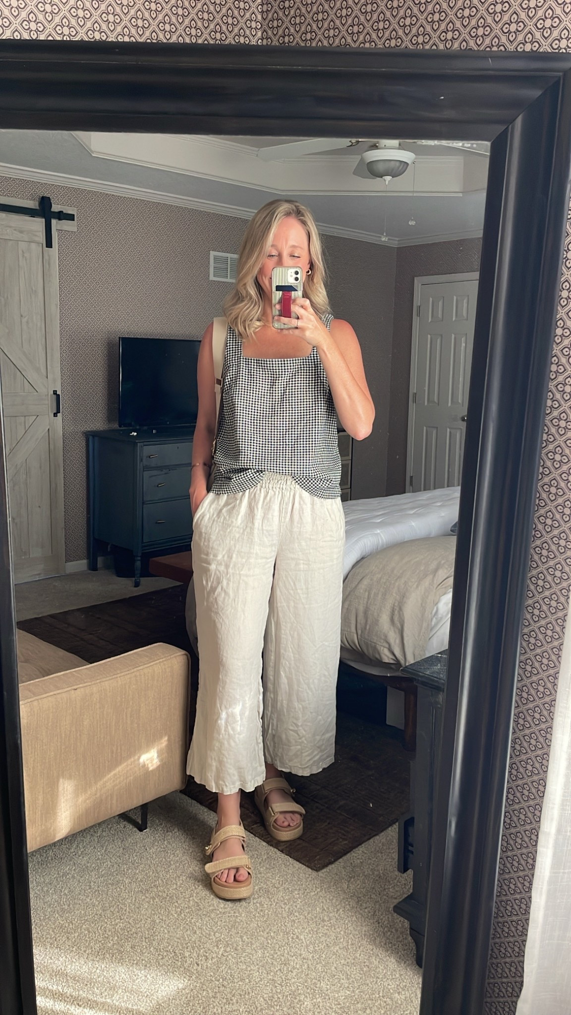 Linen and gingham for date night 🤎 love this target tank top, platform sandals, and a summery purse. The linen pants from anthro (rented on Nuuly) are so comfy and they have pockets!! 💯

#LTKFindsUnder100 #LTKStyleTip