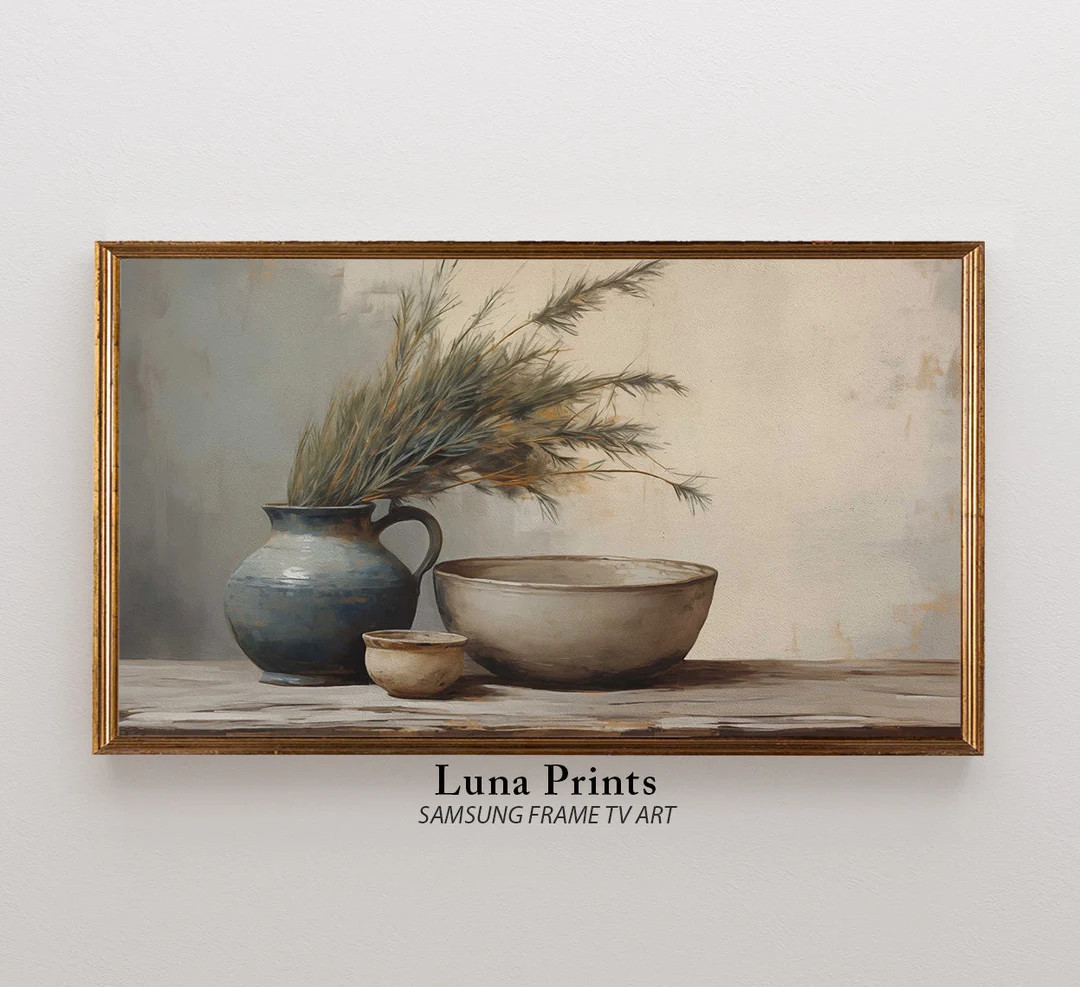 Winter Frame TV Art Pottery and Pine Stems Still Life Painting DIGITAL DOWNLOAD Muted Toned Winte... | Etsy (US)